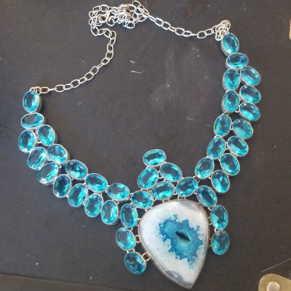 Blue topaz quartz and druzy statement necklace